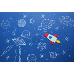 creative rocket on blue paper background with universe icons