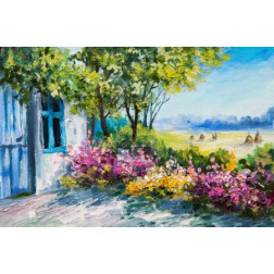 oil painting landscape - garden near the house, colorful flowers, summer forest